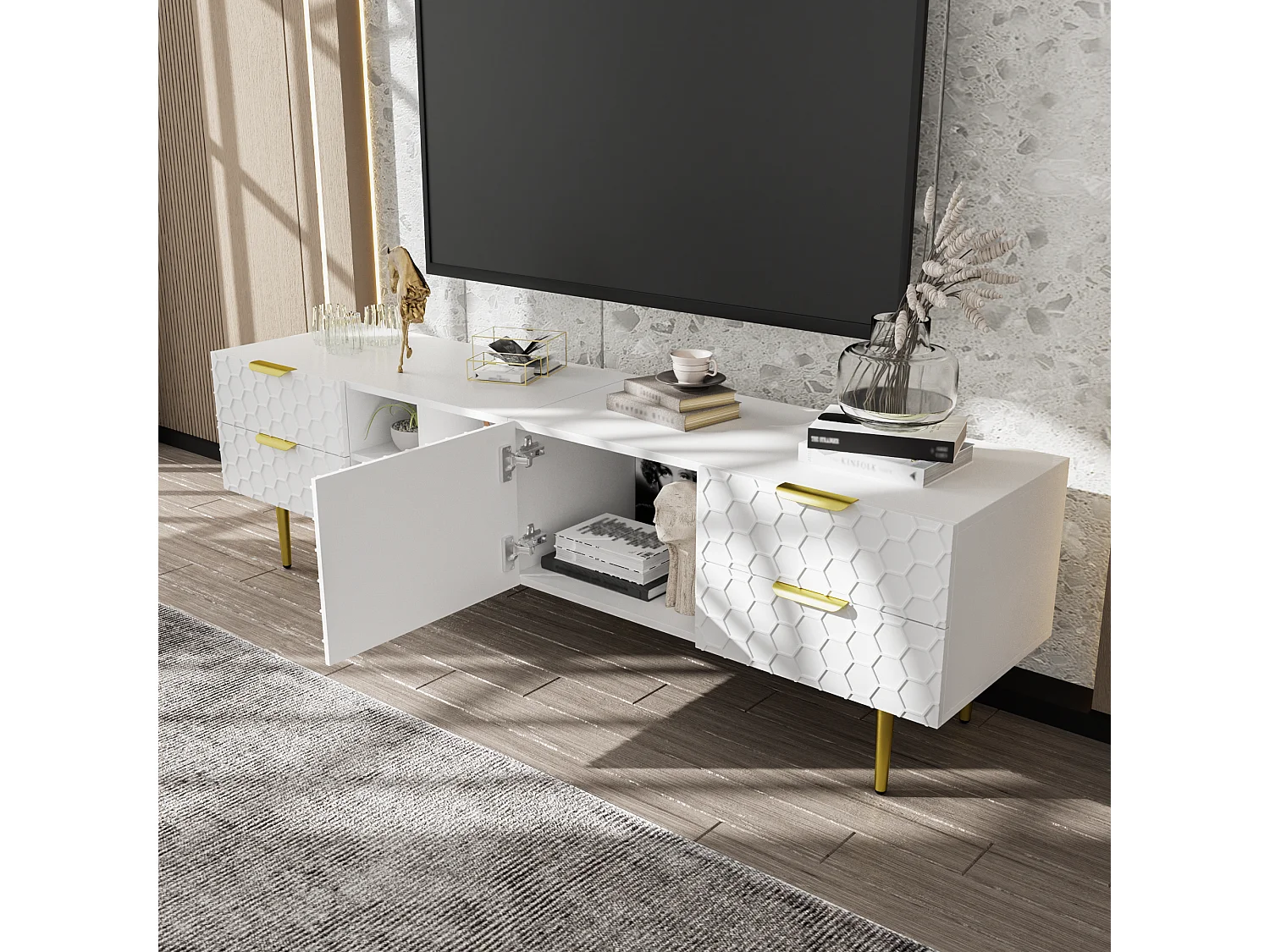 Mobile TV 170 cm pannello strutturato in MDF bianco con cassetti e piedi dorati salone moderno