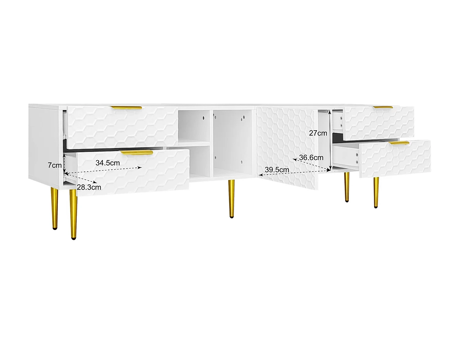 Mobile TV 170 cm pannello strutturato in MDF bianco con cassetti e piedi dorati salone moderno