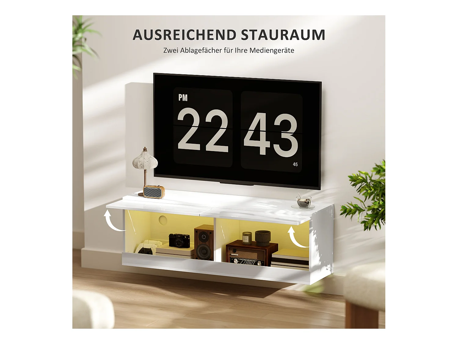 Móvel de TV de parede em MDF 120 cm, lacado a branco, LED, 16 modos de arrumação para sala de estar