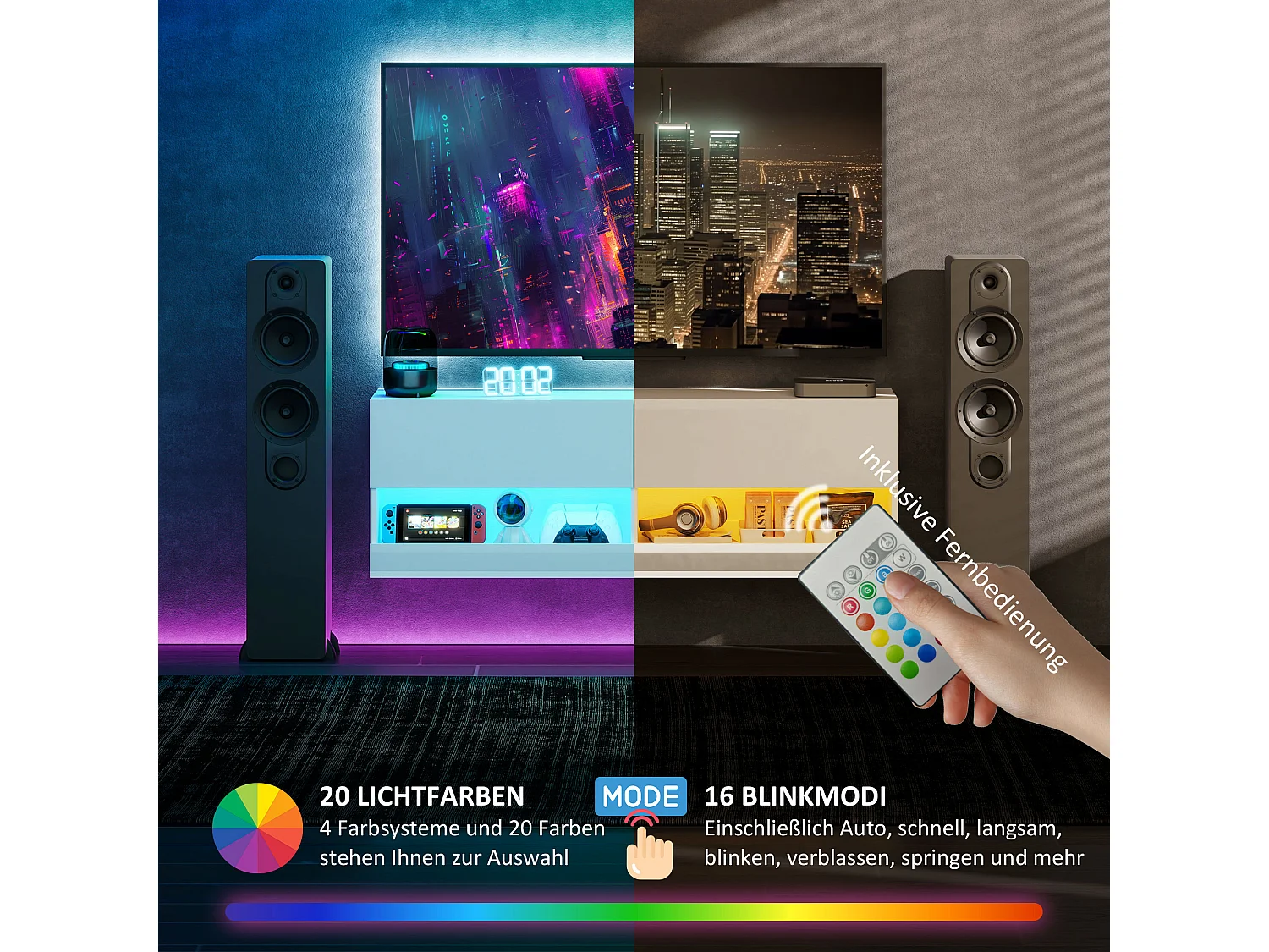 Mueble TV de pared de MDF de 120 cm, lacado en blanco, LED, 16 modos de almacenaje para salón