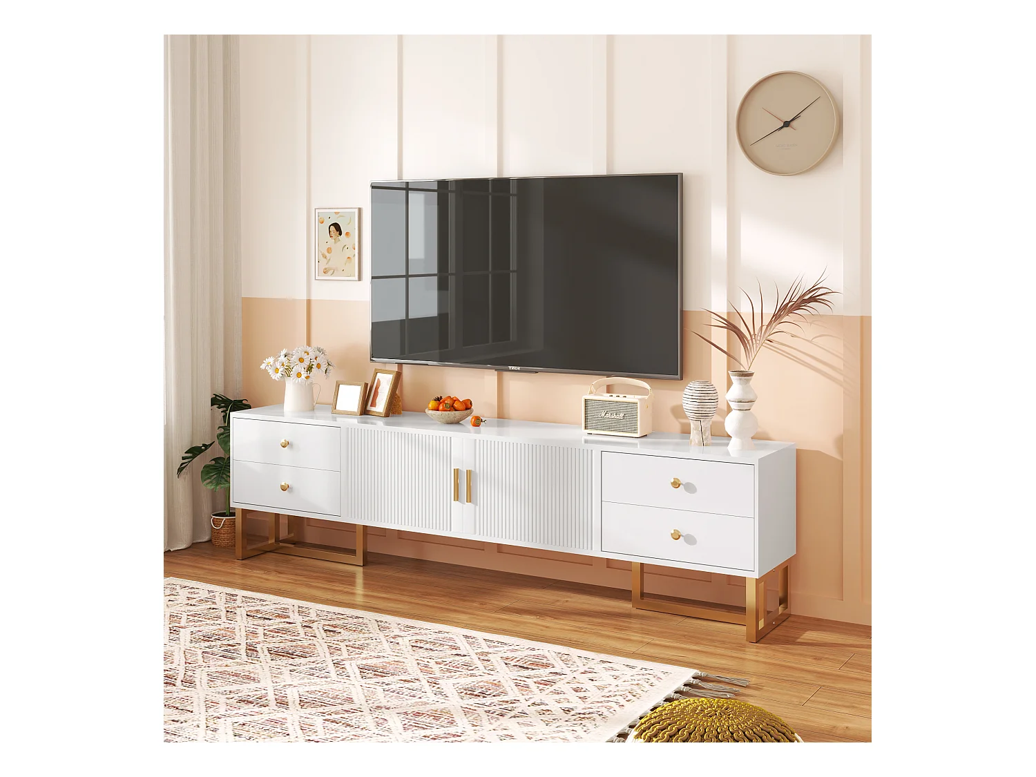 Móvel de TV em MDF branco de 175 cm com portas e gavetas, pés dourados, moderno armário para sala de estar