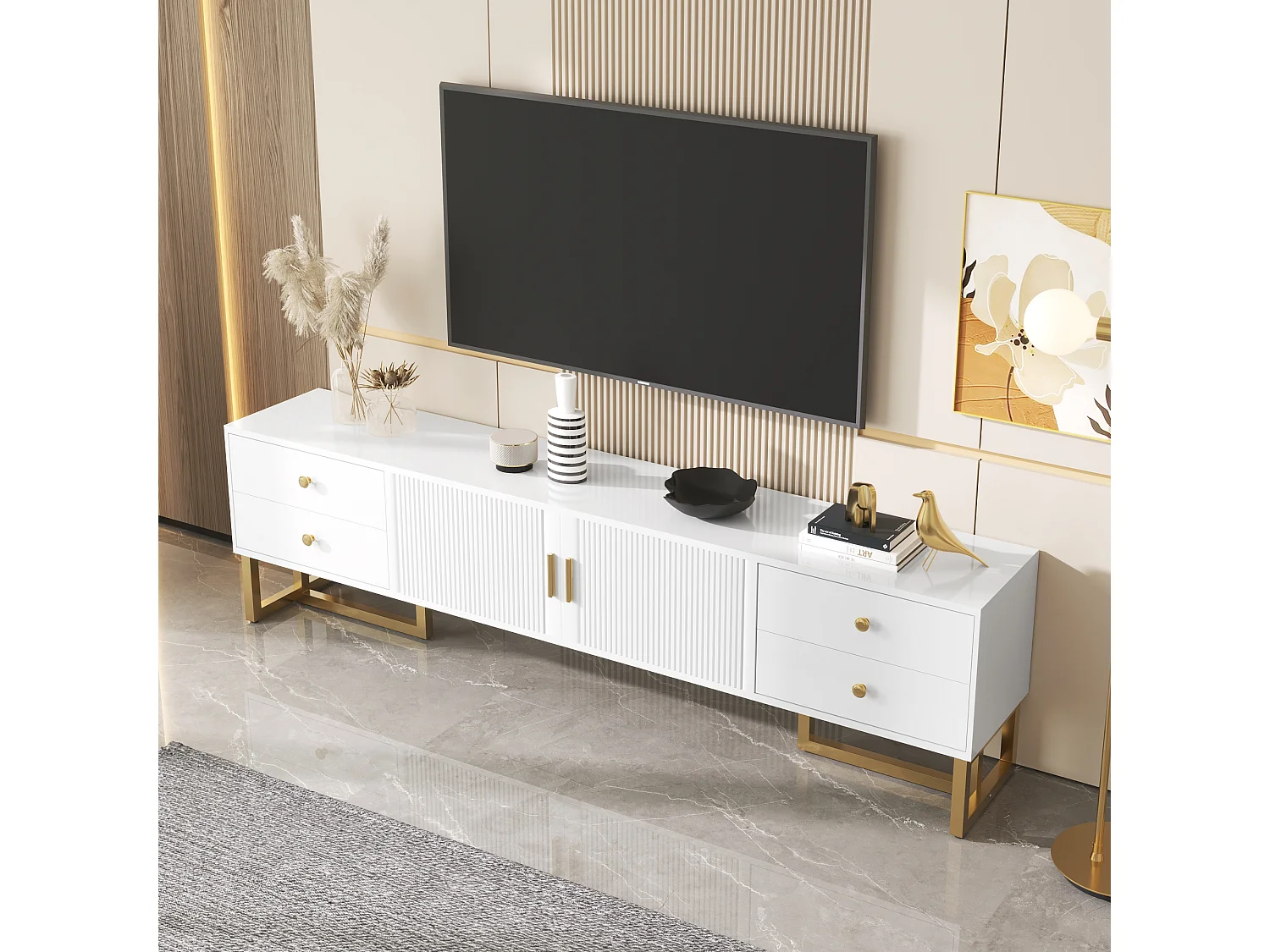 Mobile TV 175 cm MDF bianco con porte e tiroirs pieds dorés rangement salon moderne