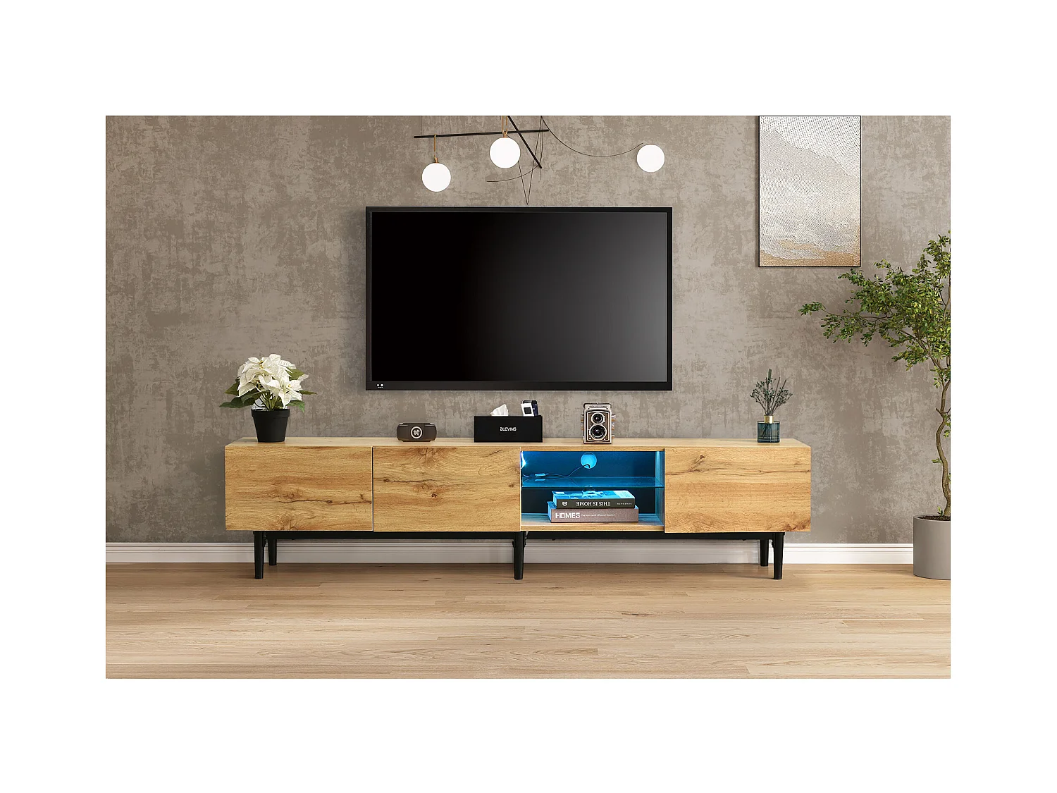 Mueble de TV moderno de MDF con almacenamiento LED variable para salón de 175 cm en madera y negro