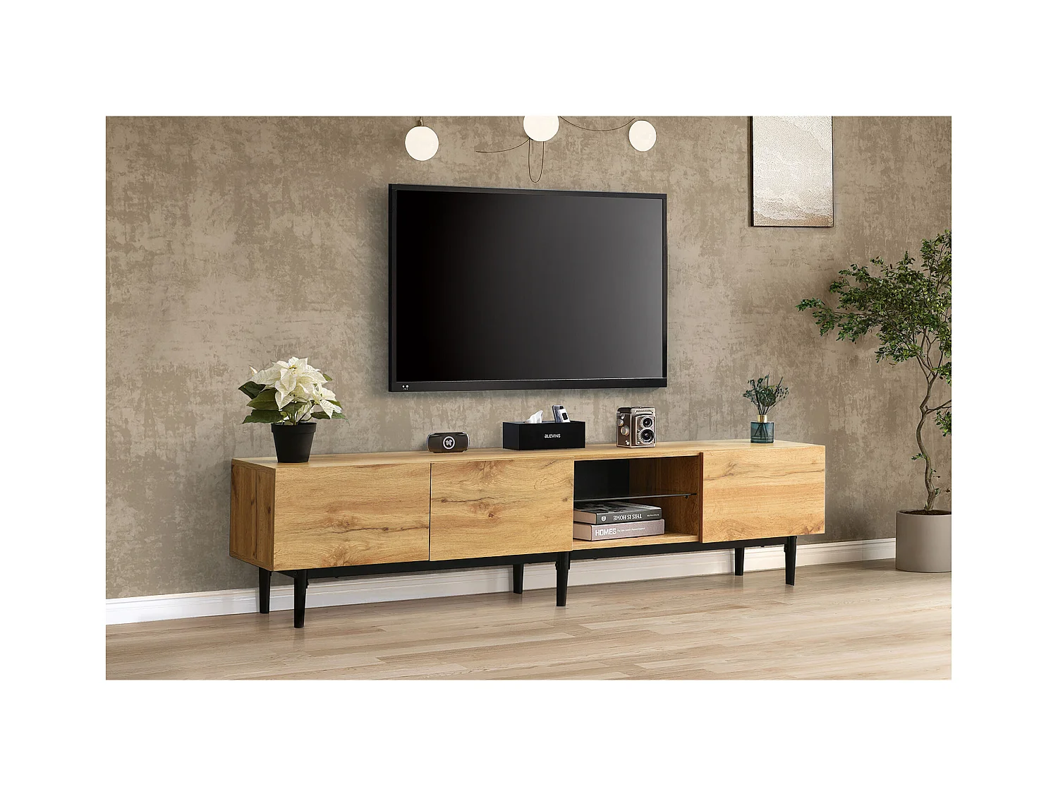 Mueble de TV moderno de MDF con almacenamiento LED variable para salón de 175 cm en madera y negro