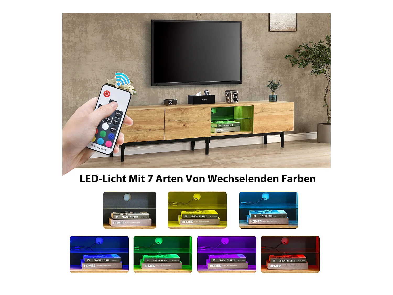 Mueble de TV moderno de MDF con almacenamiento LED variable para salón de 175 cm en madera y negro