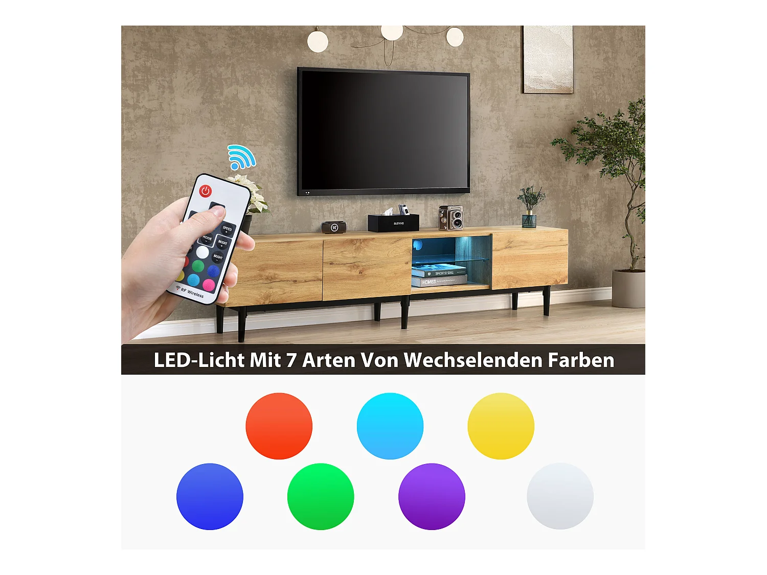 Mueble de TV moderno de MDF con almacenamiento LED variable para salón de 175 cm en madera y negro