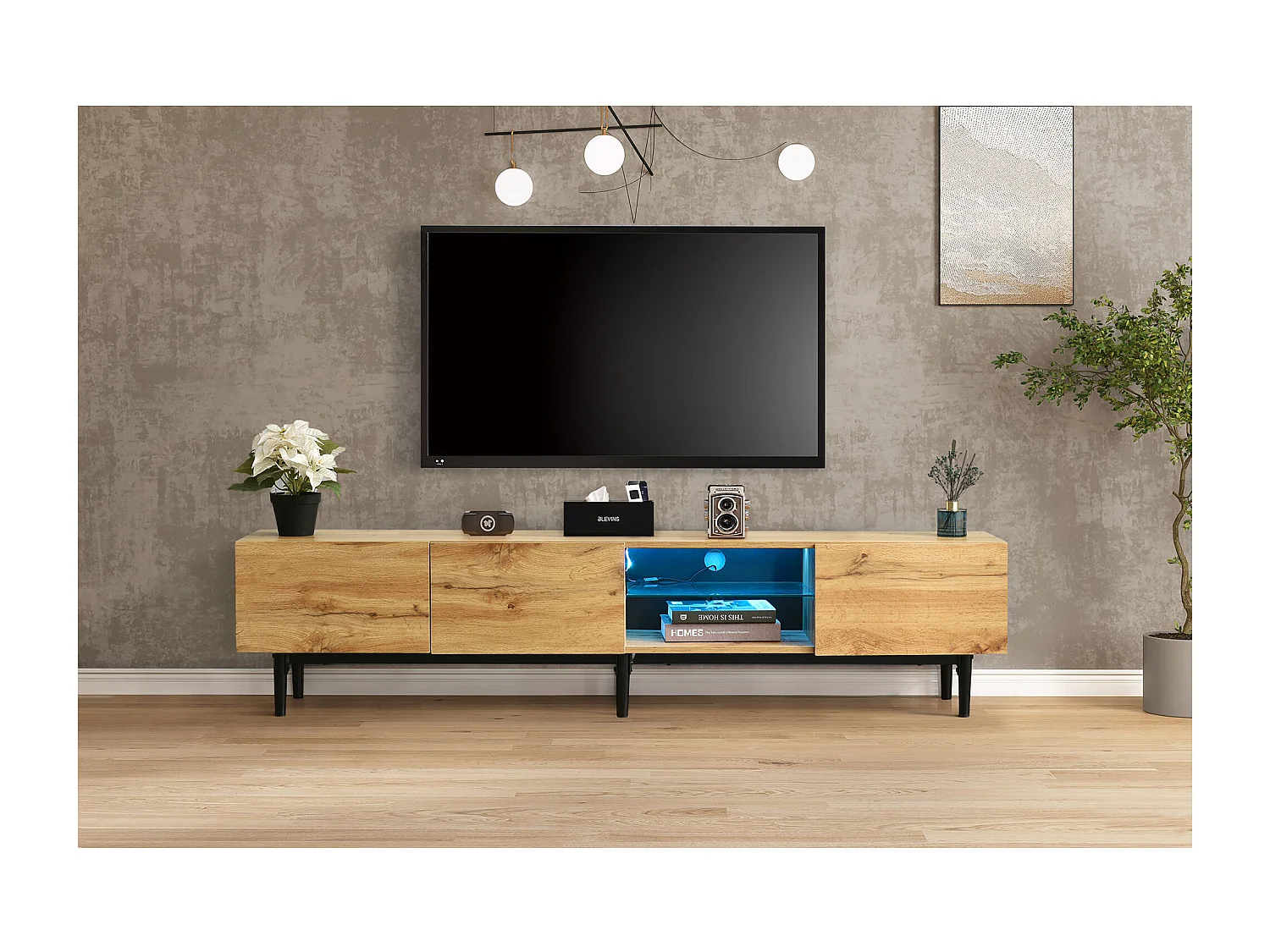 Mueble de TV moderno de MDF con almacenamiento LED variable para salón de 175 cm en madera y negro