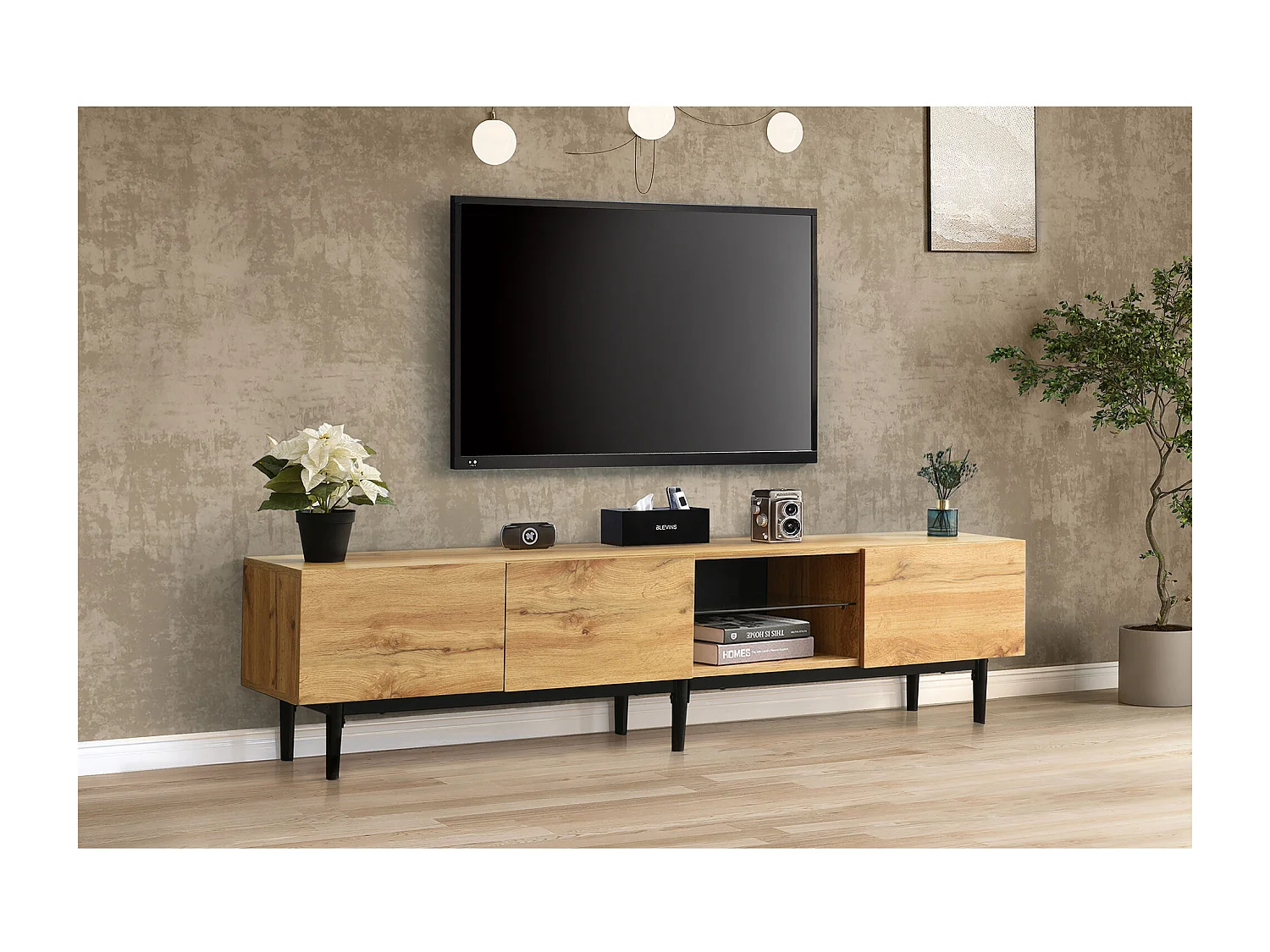 Mueble de TV moderno de MDF con almacenamiento LED variable para salón de 175 cm en madera y negro