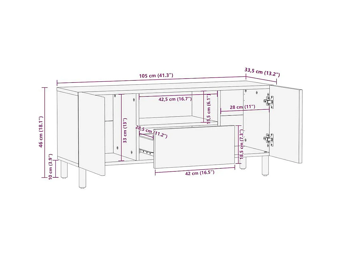 Mobile Porta TV Nero 105x33,5x46 cm Legno Massello Mango Grezzo