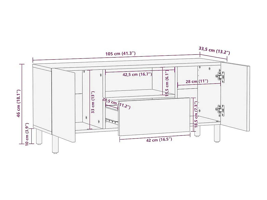 Meuble TV noir 105x33,5x46 cm bois massif manguier brut