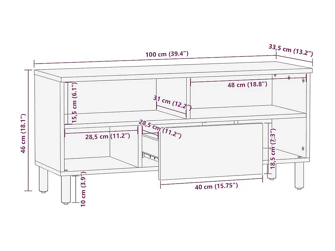 Móvel de TV 100x33,5x46cm madeira mangueira áspera maciça preto