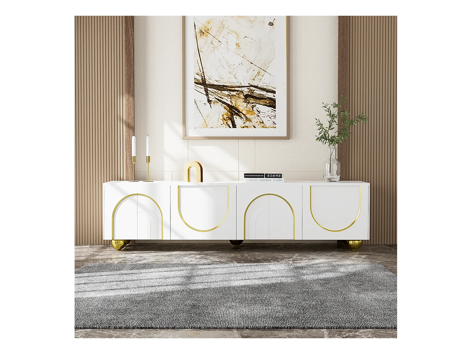 Mobile TV 170 cm MDF bianco con porte scolpite con apertura a pressione pied dorés salon moderne