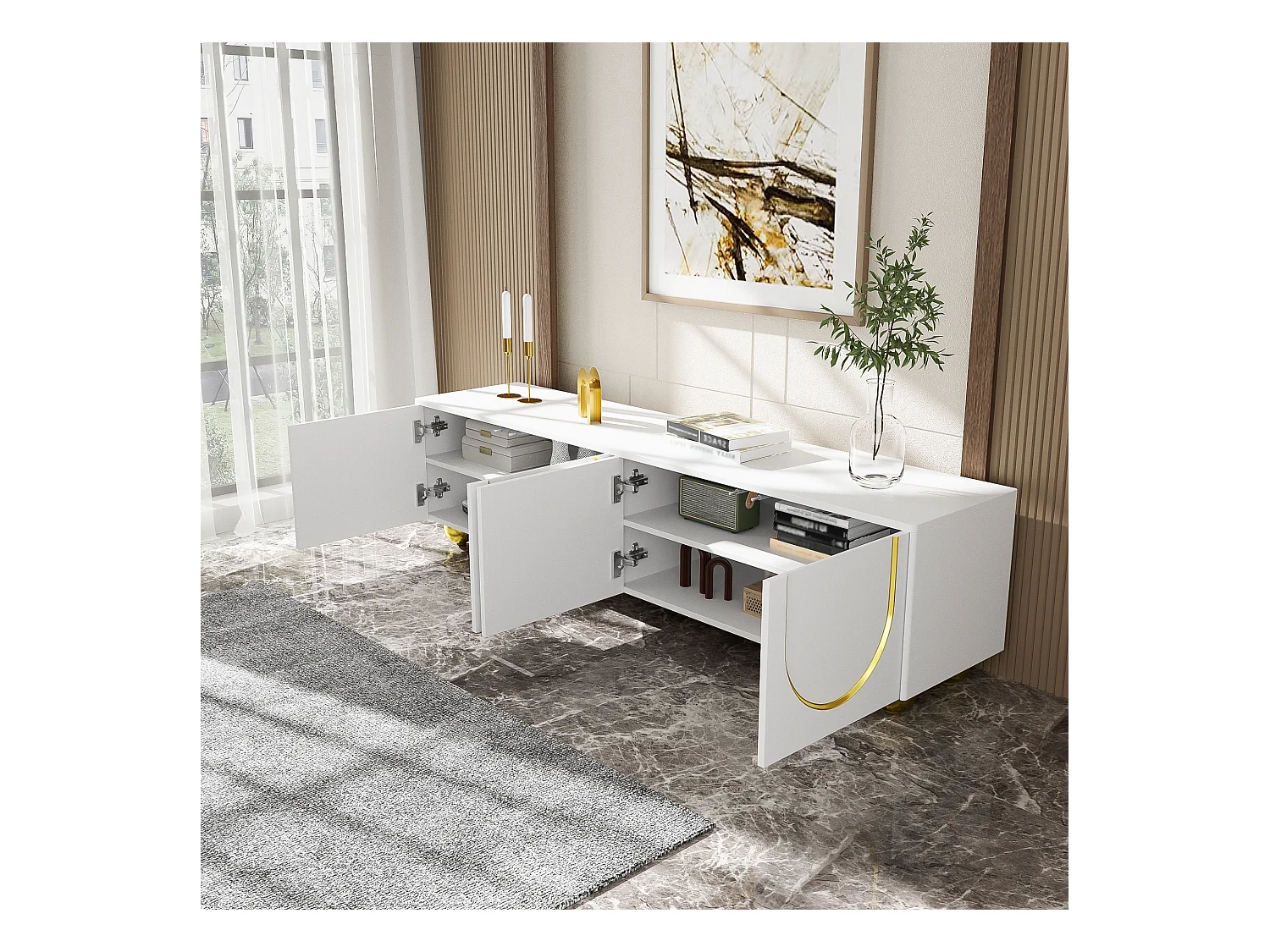 Mobile TV 170 cm MDF bianco con porte scolpite con apertura a pressione pied dorés salon moderne