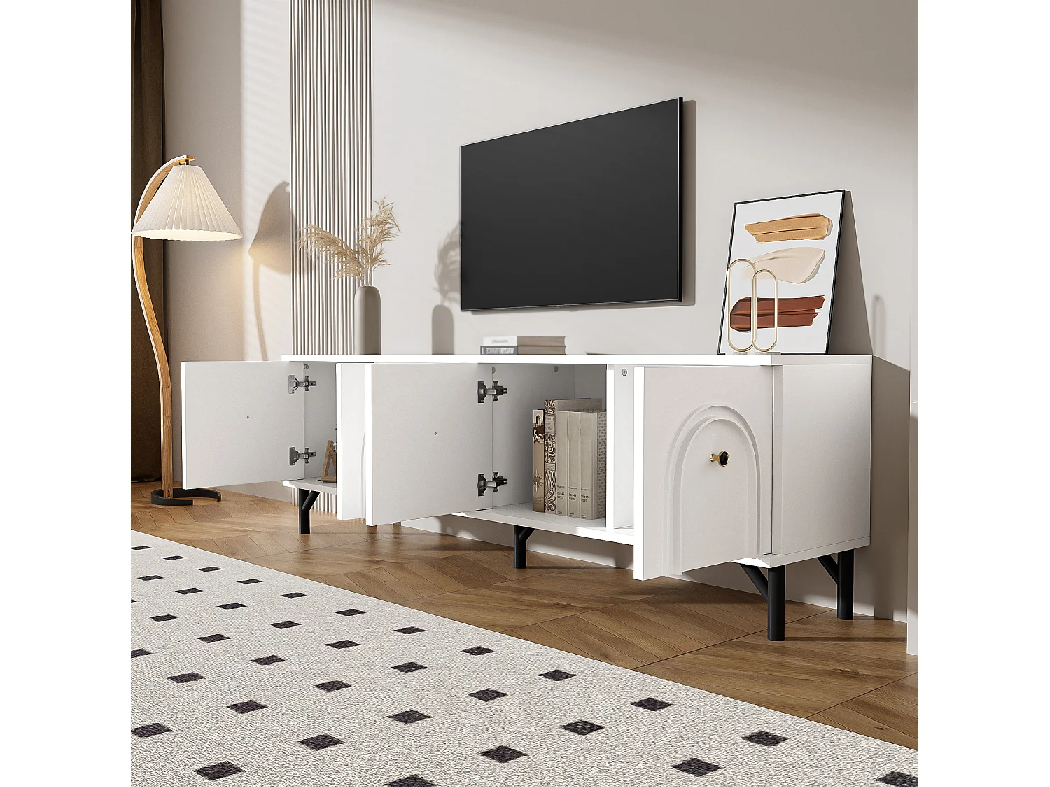Mueble de TV moderno blanco de 160 cm con 4 puertas de cierre suave para salón y cine en casa.