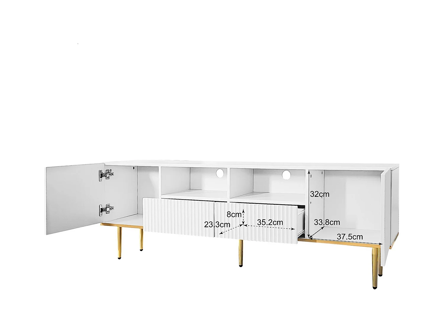 Mobile TV moderno da 165 cm in legno nero e dorato con disposizione per salone