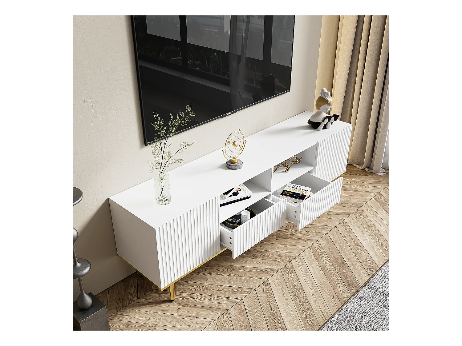 Mobile TV moderno da 165 cm in legno nero e dorato con disposizione per salone