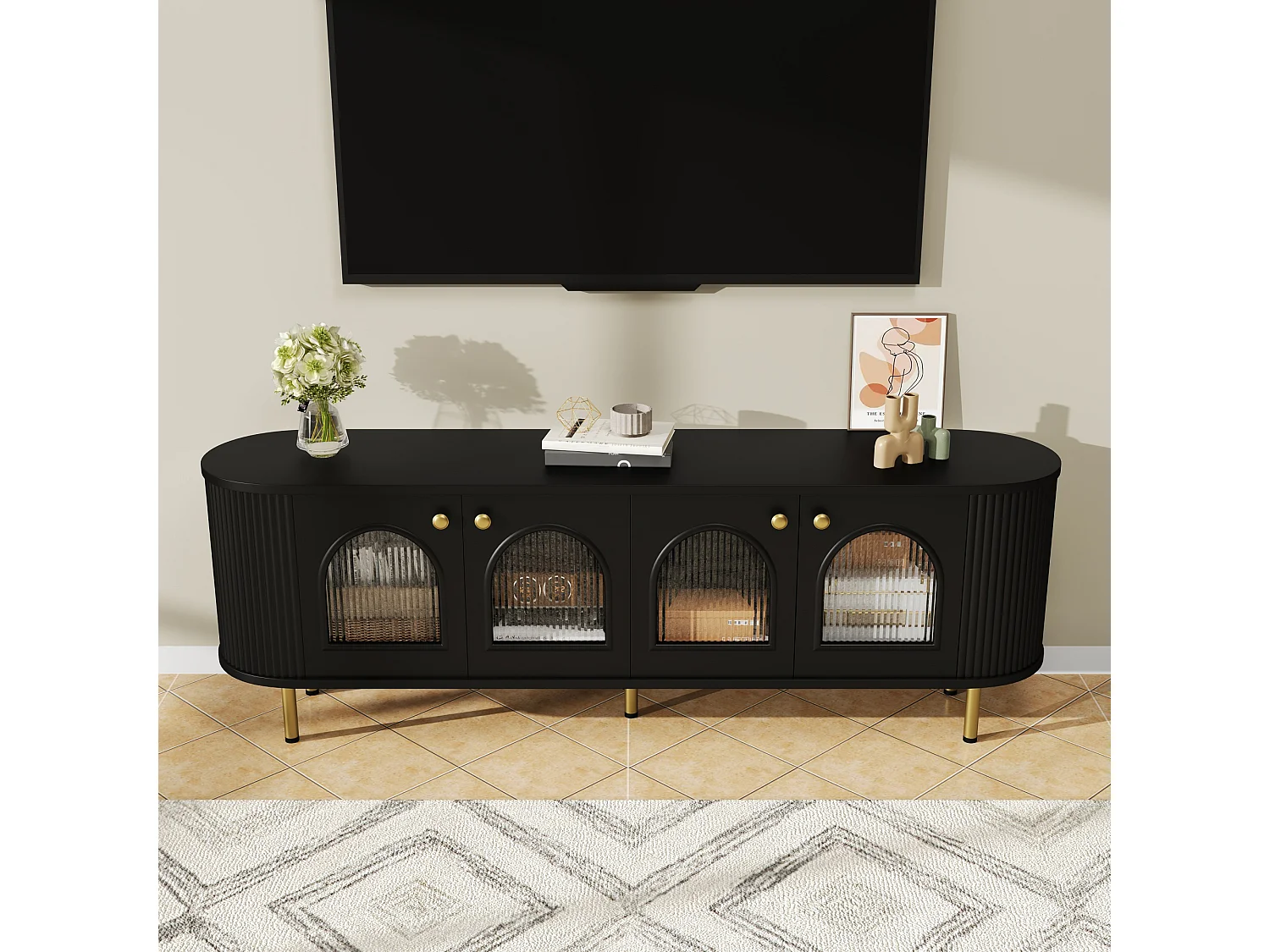 Mueble de TV de 170 cm en negro y dorado con 4 puertas de cristal, diseño moderno con tiradores dorados para salón.