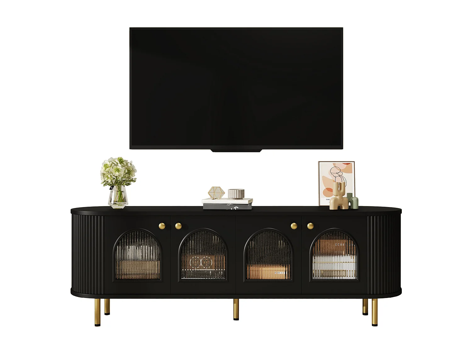 Mueble de TV de 170 cm en negro y dorado con 4 puertas de cristal, diseño moderno con tiradores dorados para salón.