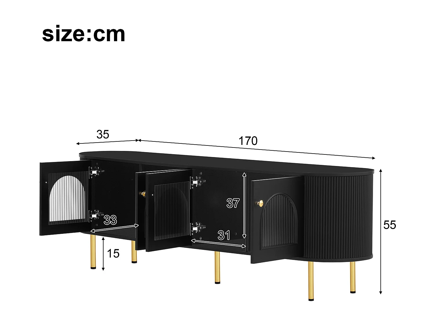 Mueble de TV de 170 cm en negro y dorado con 4 puertas de cristal, diseño moderno con tiradores dorados para salón.