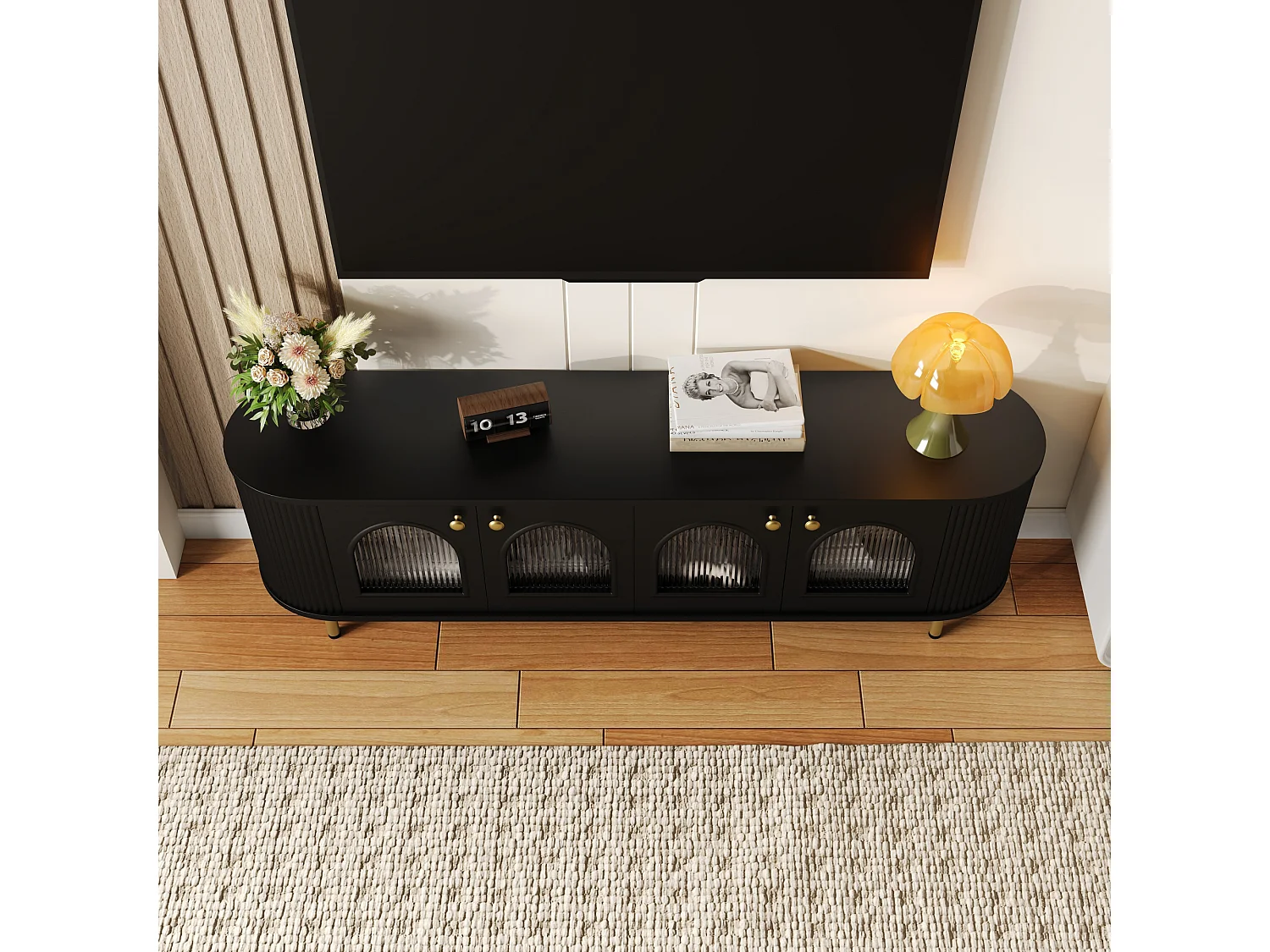 Mueble de TV de 170 cm en negro y dorado con 4 puertas de cristal, diseño moderno con tiradores dorados para salón.