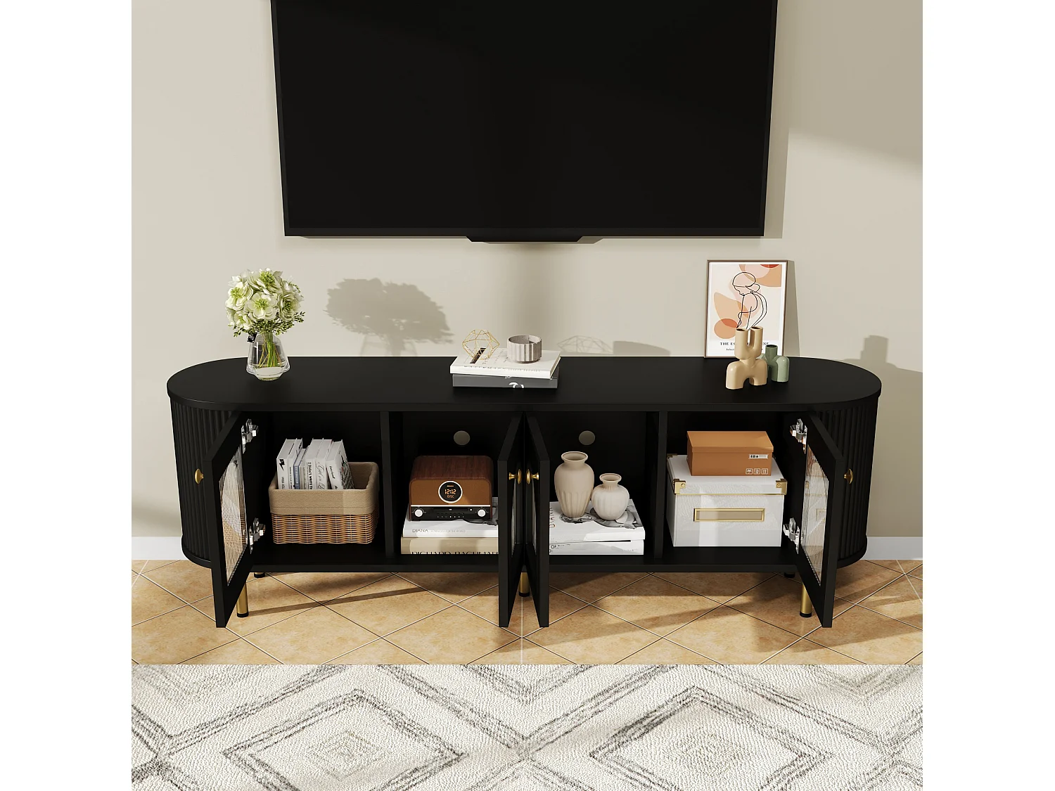 Mueble de TV de 170 cm en negro y dorado con 4 puertas de cristal, diseño moderno con tiradores dorados para salón.