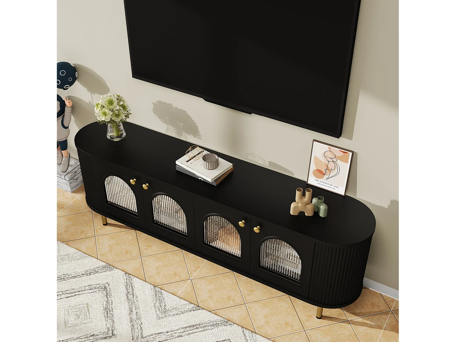 Mueble de TV de 170 cm en negro y dorado con 4 puertas de cristal, diseño moderno con tiradores dorados para salón.