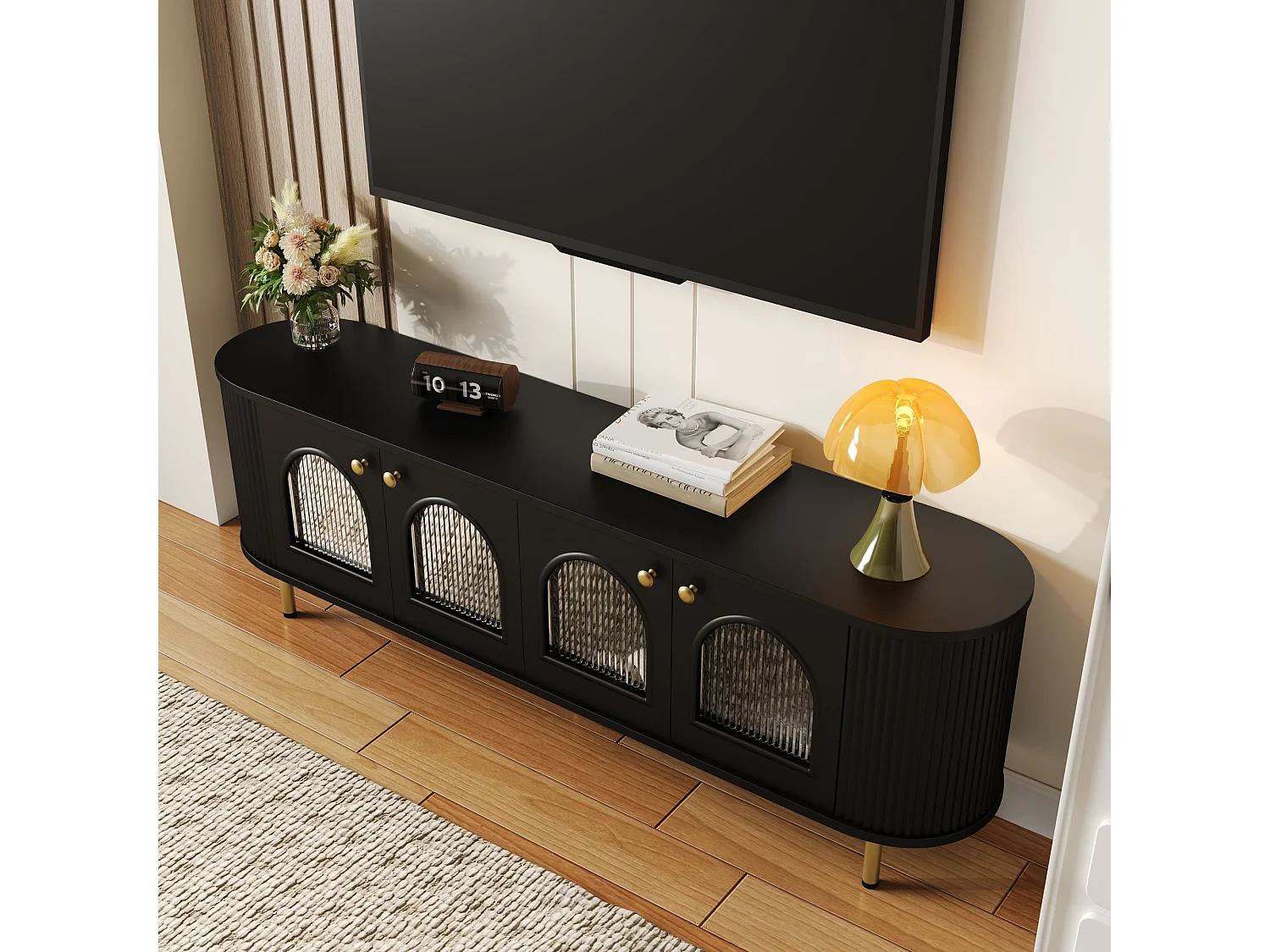 Mueble de TV de 170 cm en negro y dorado con 4 puertas de cristal, diseño moderno con tiradores dorados para salón.