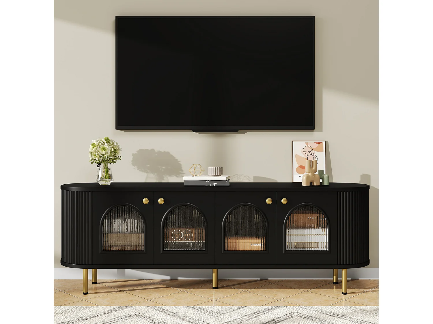 Mueble de TV de 170 cm en negro y dorado con 4 puertas de cristal, diseño moderno con tiradores dorados para salón.