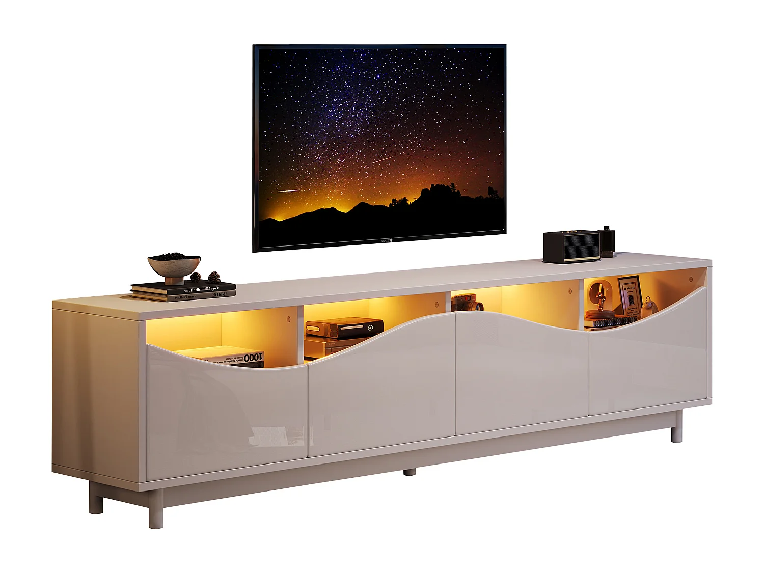 Mobile TV Bianco 175cm Verre Trempé LED 60000 Colori Comando APP