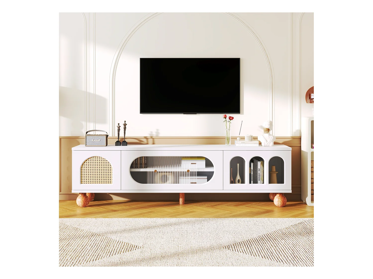 Móvel de TV de 170 cm em madeira e branco com portas de vime e vidro, gavetas e pés maciços