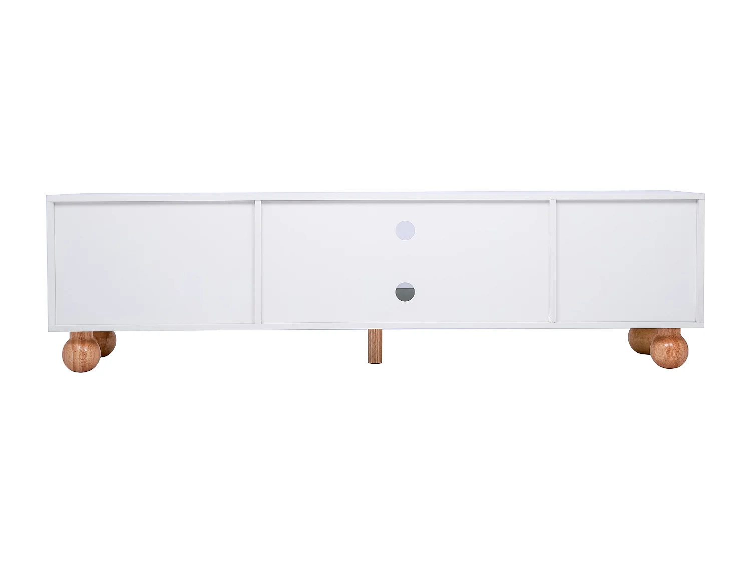 Móvel de TV de 170 cm em madeira e branco com portas de vime e vidro, gavetas e pés maciços