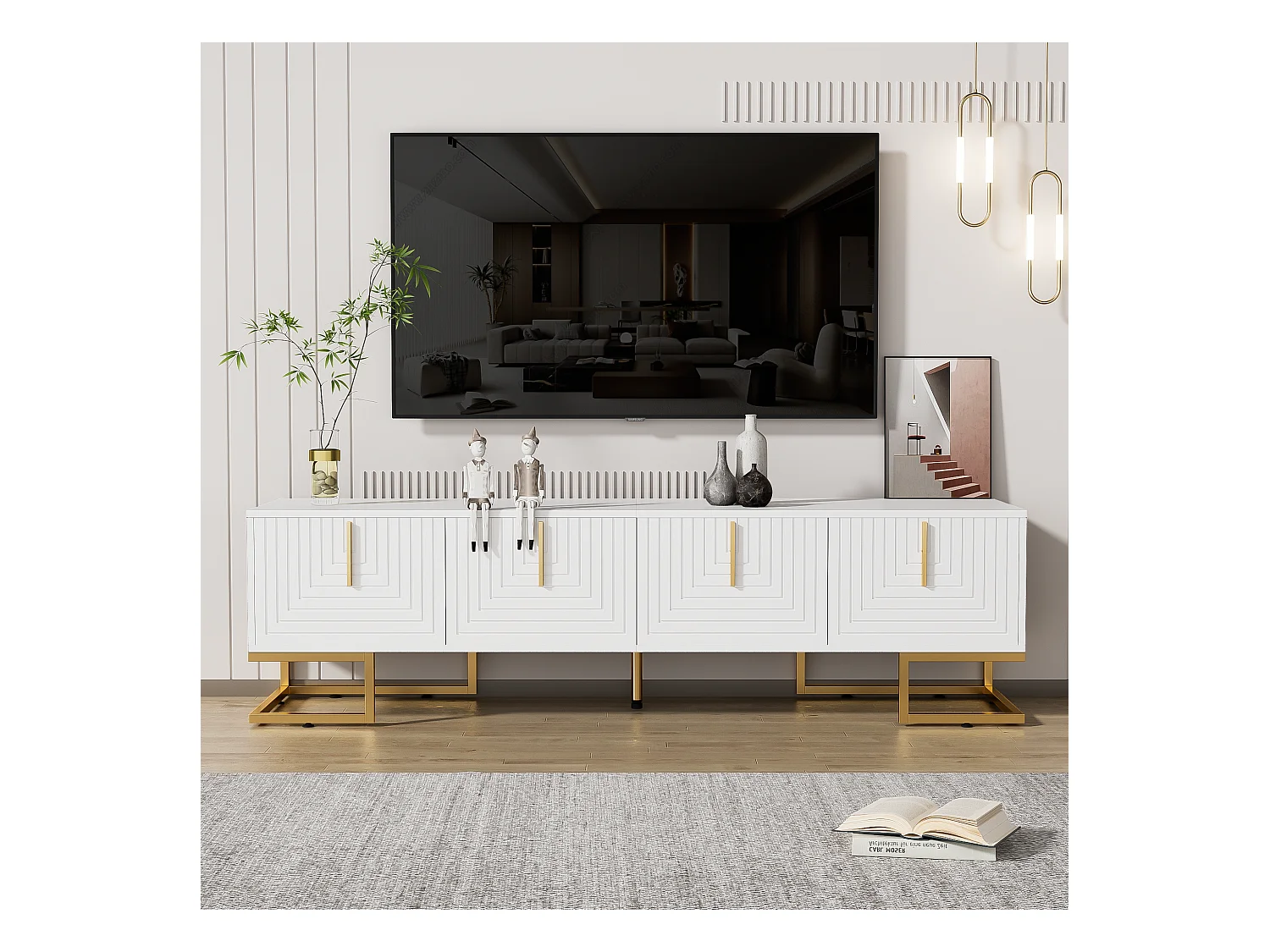 Móvel de TV 170 cm MDF branco com portas esculpidas e pernas douradas, moderno para sala de estar e armazenamento