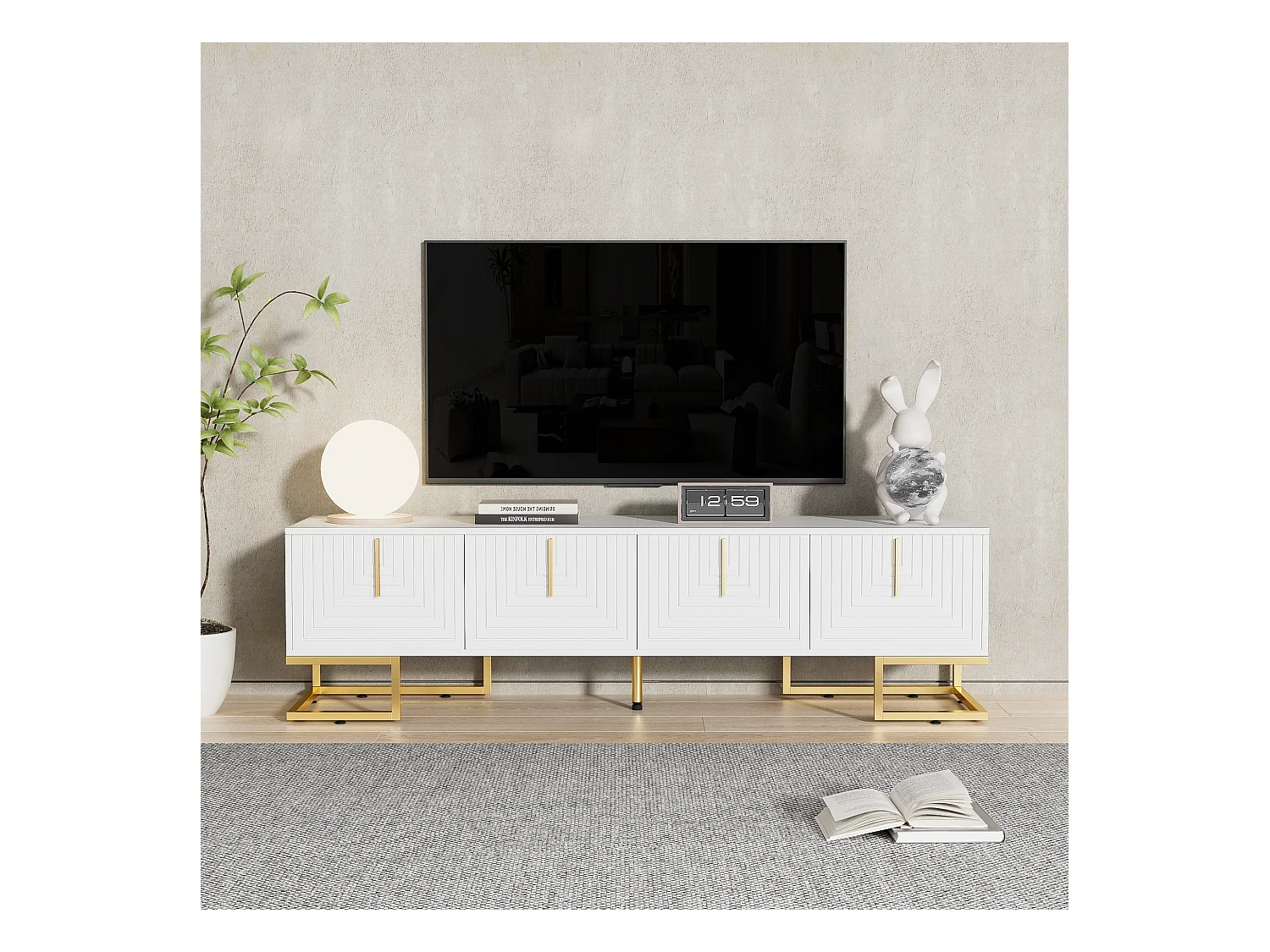 Móvel de TV 170 cm MDF branco com portas esculpidas e pernas douradas, moderno para sala de estar e armazenamento
