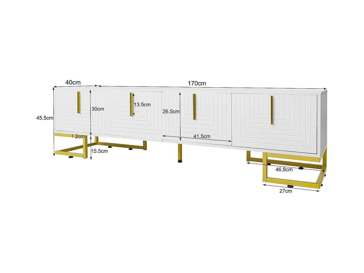 Móvel de TV 170 cm MDF branco com portas esculpidas e pernas douradas, moderno para sala de estar e armazenamento