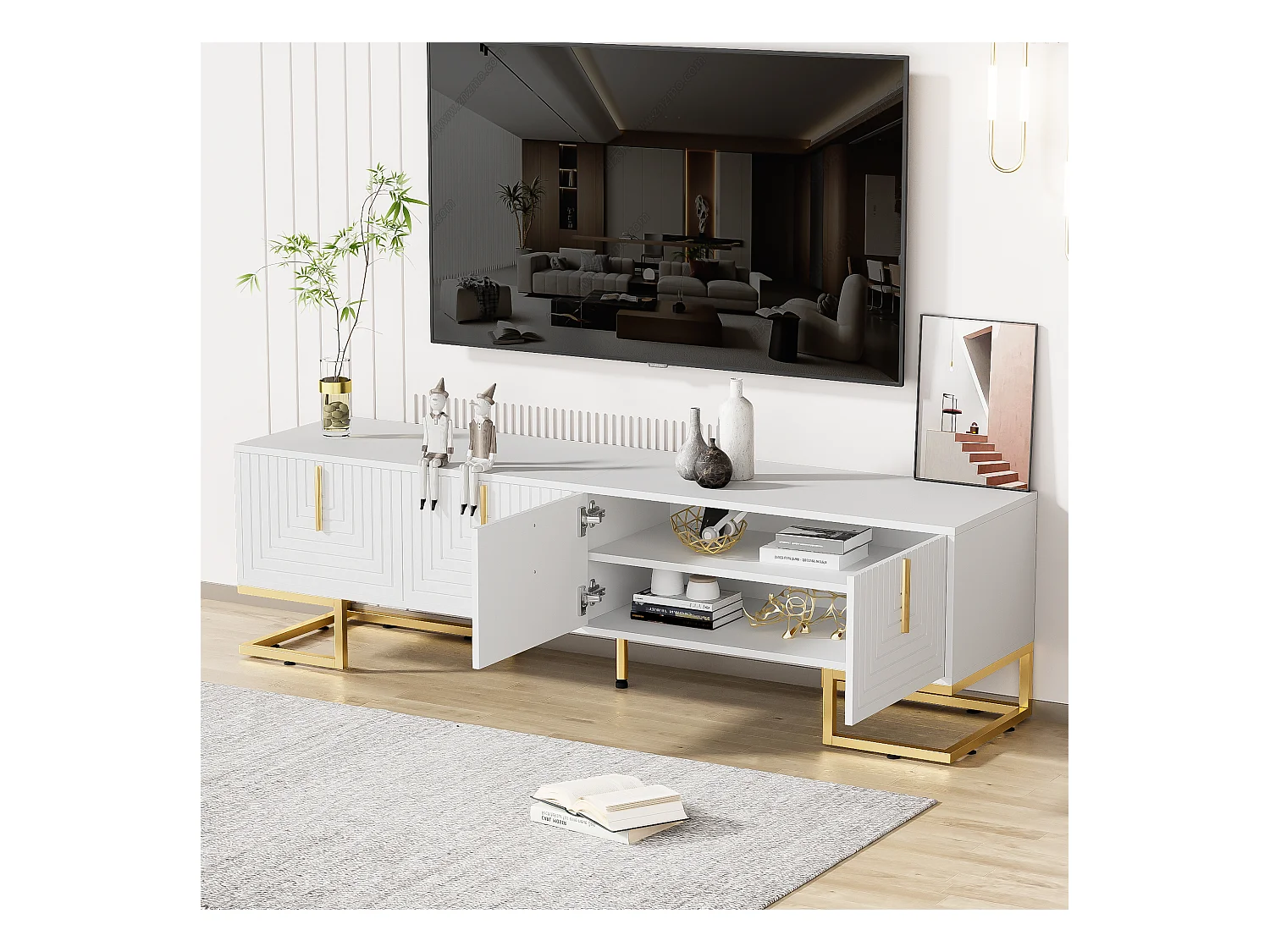 Móvel de TV 170 cm MDF branco com portas esculpidas e pernas douradas, moderno para sala de estar e armazenamento