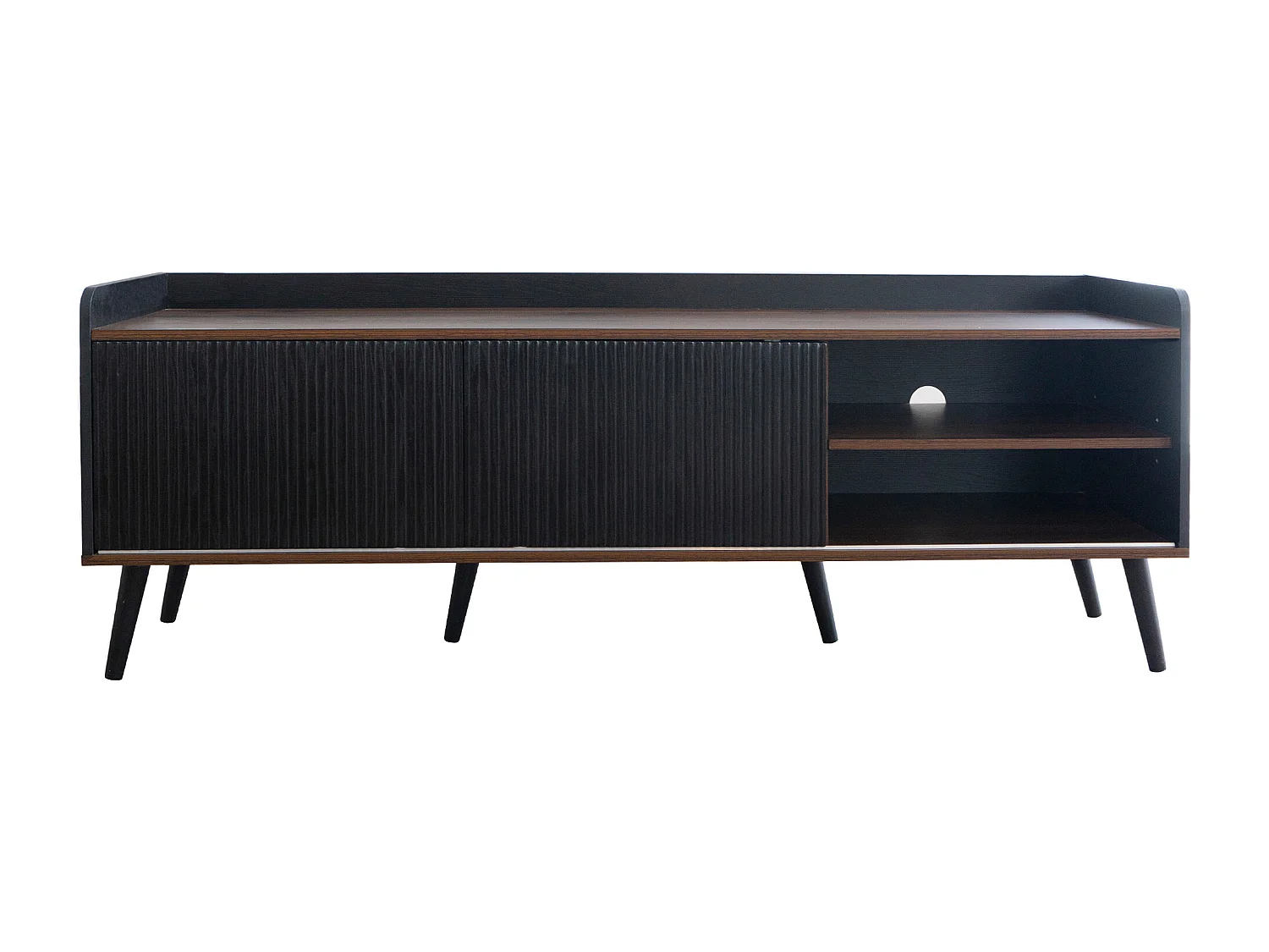 Mueble de TV de 160 cm en madera y negro, con 2 puertas correderas y 2 cajones, moderno y práctico para sala de estar.