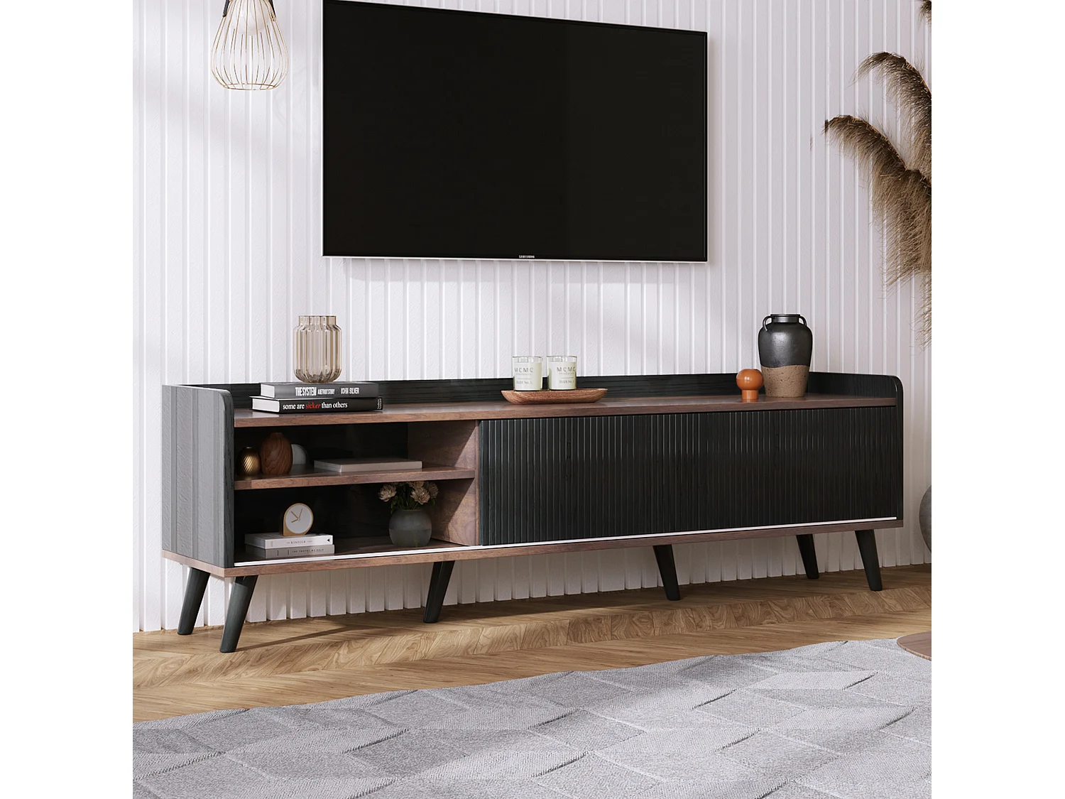 Mueble de TV de 160 cm en madera y negro, con 2 puertas correderas y 2 cajones, moderno y práctico para sala de estar.