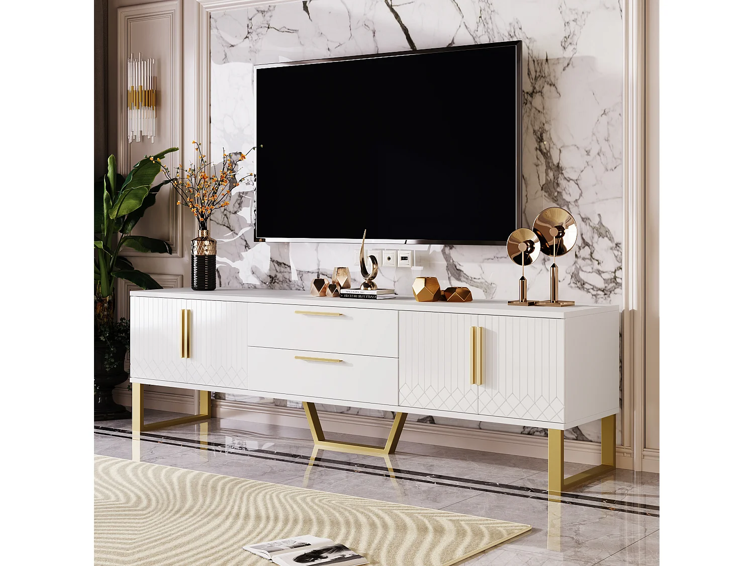 Mobile TV 170 cm MDF bianco e dorato alta brillantezza con cassetti e divani salone