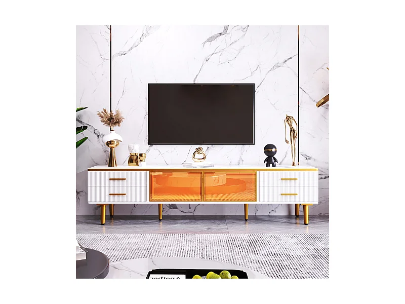 Mobile TV 170 cm PB bianco e dorato con LED, porte in vetro trempé e cassetti scolpiti