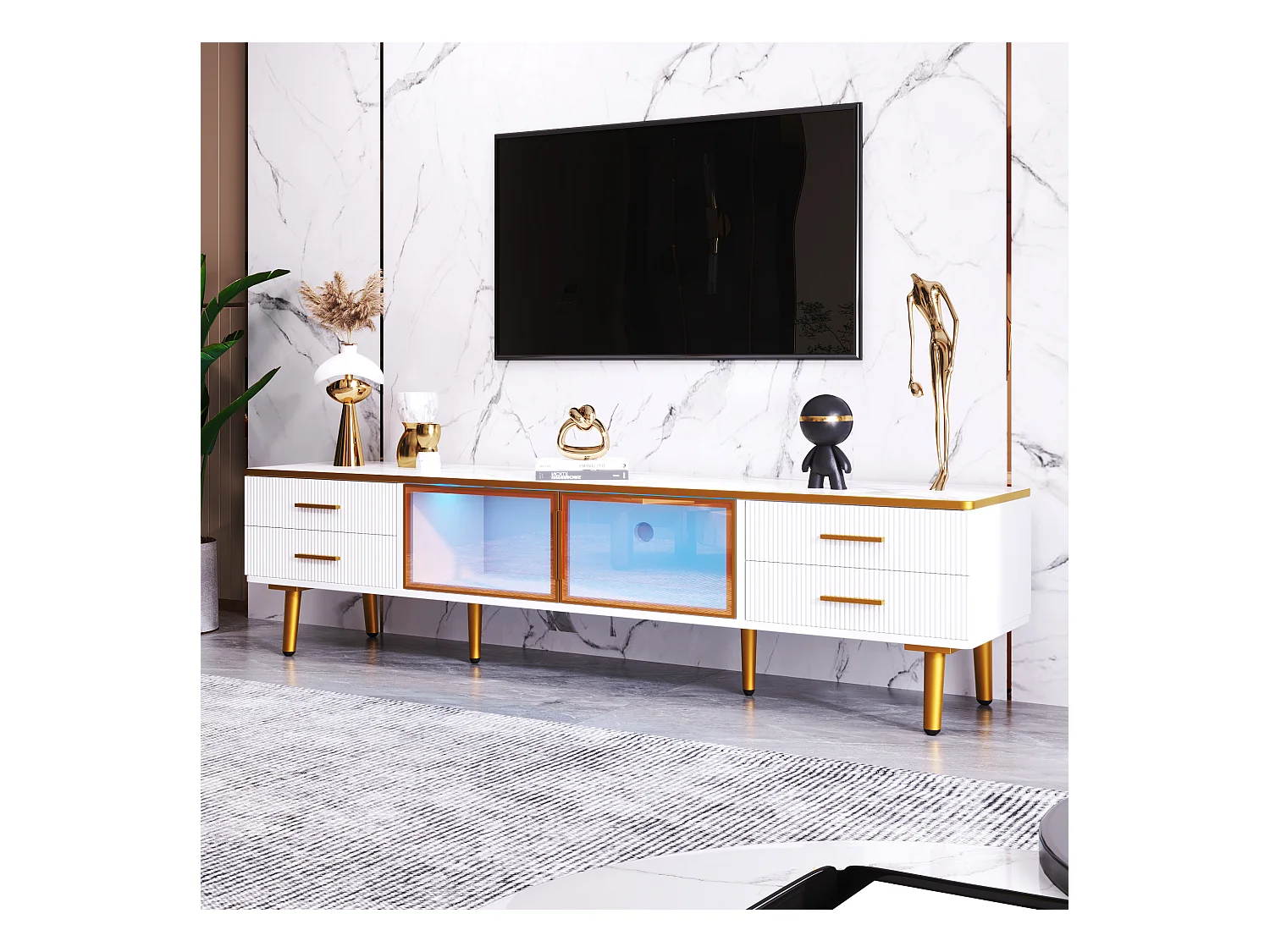Mueble TV PB blanco y dorado de 170 cm con LED, puertas de cristal templado y cajones esculpidos