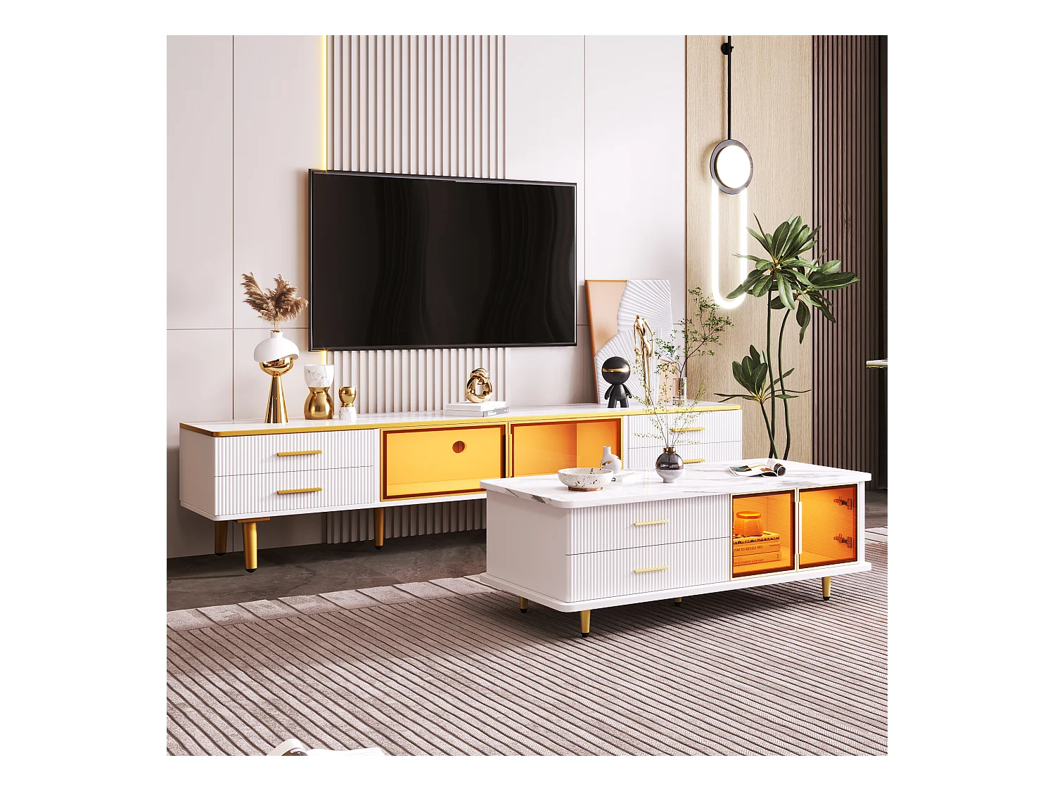 Mueble TV PB blanco y dorado de 170 cm con LED, puertas de cristal templado y cajones esculpidos