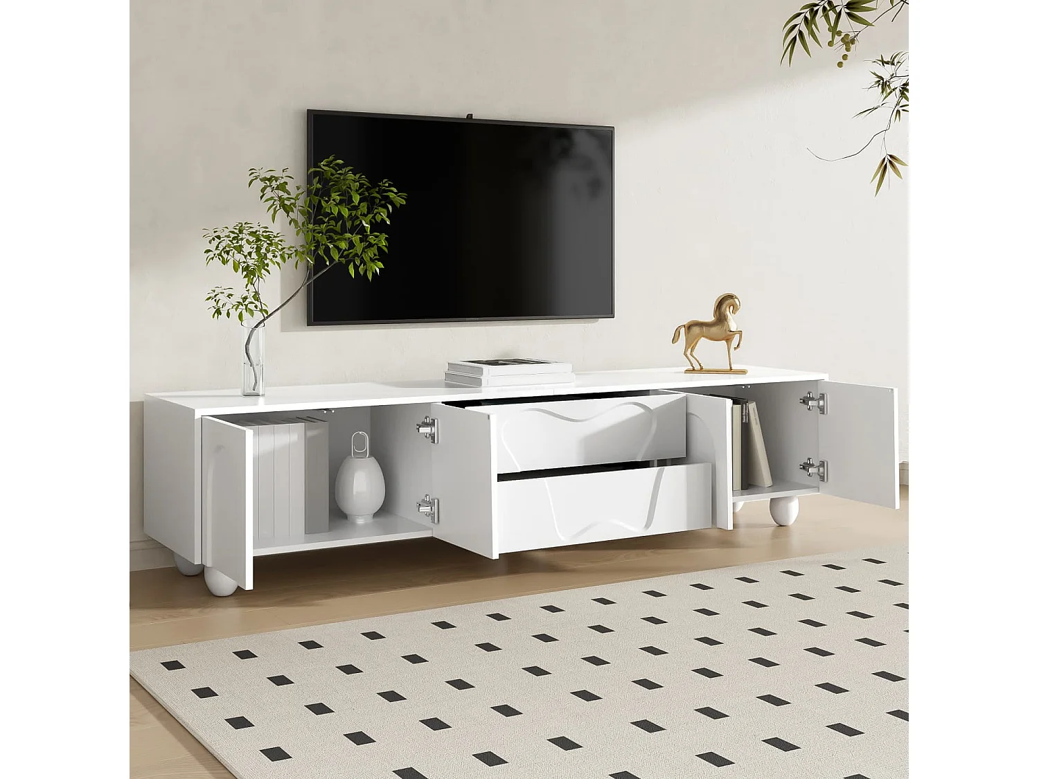 180cm TV-Schrank mit Holzbeinen,minimalistischer TV-Schrank mit viel Stauraum,einzigartigem Design und flexiblen Aufbewahrungsmöglichkeiten