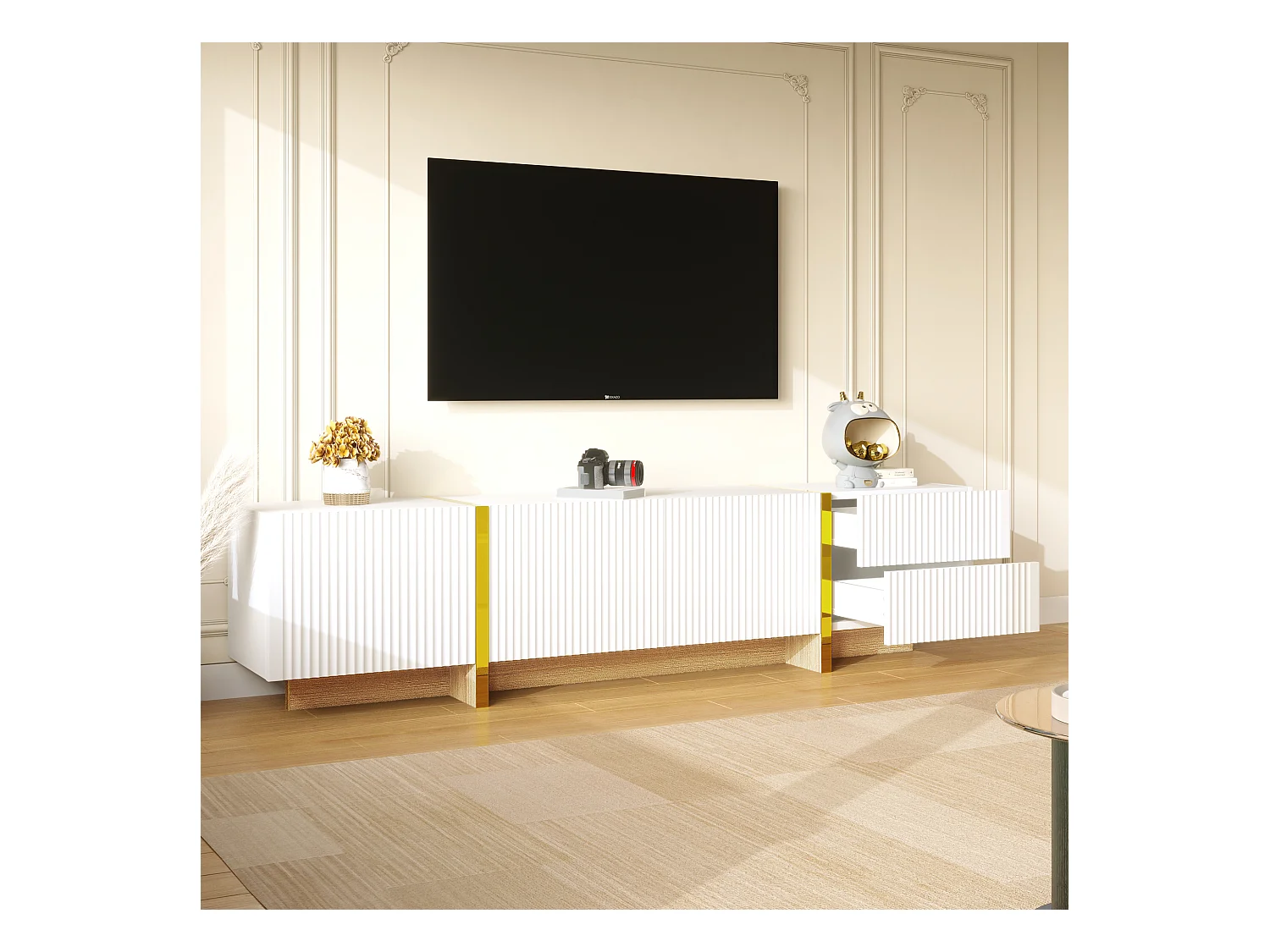 Móvel TV MDF 190 cm com 3 portas e 2 gavetas madeira branca dourada sala de estar moderna