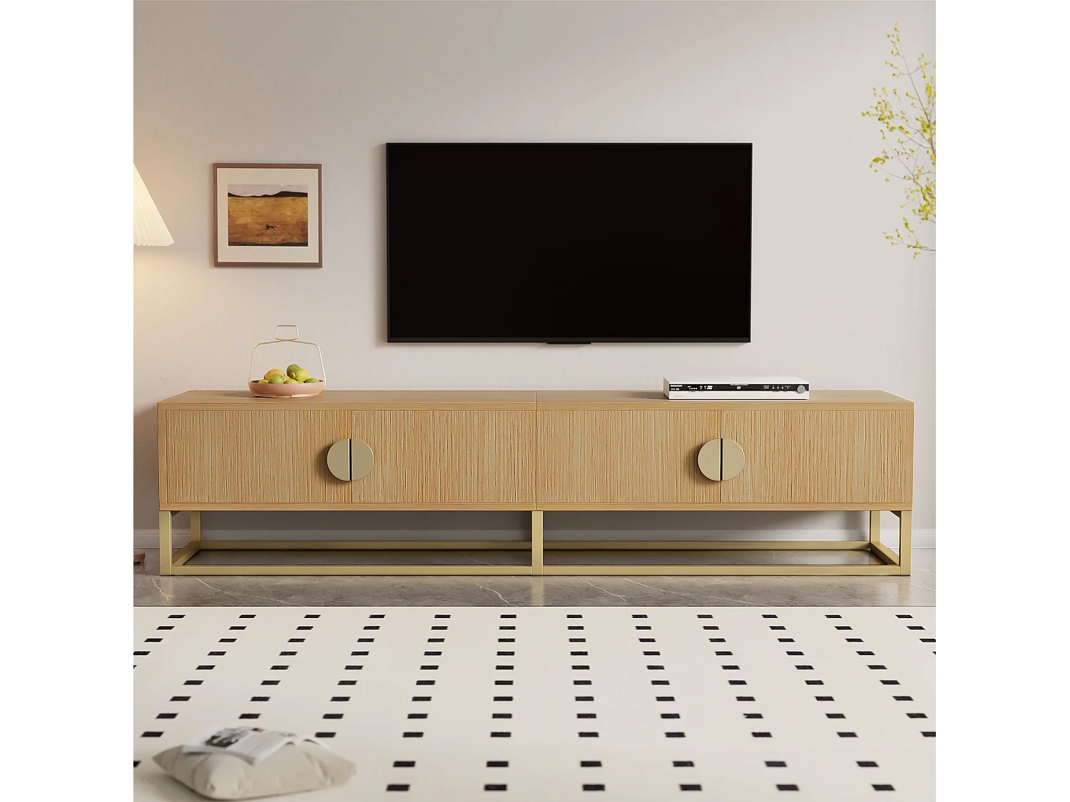 Mueble de TV de madera de 180 cm con 4 puertas de cierre suave y tiradores dorados para salón y comedor.