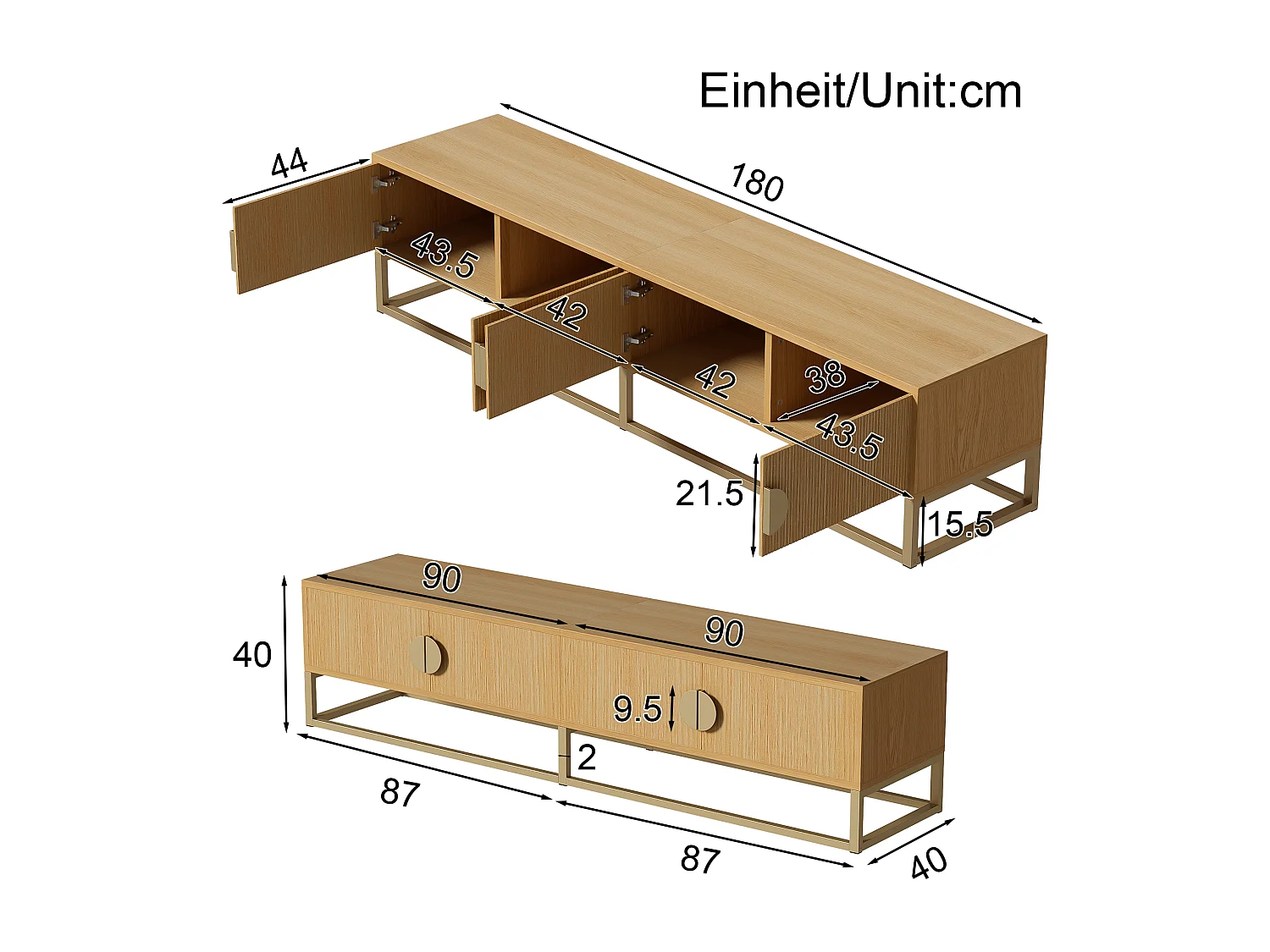 Mueble de TV de madera de 180 cm con 4 puertas de cierre suave y tiradores dorados para salón y comedor.