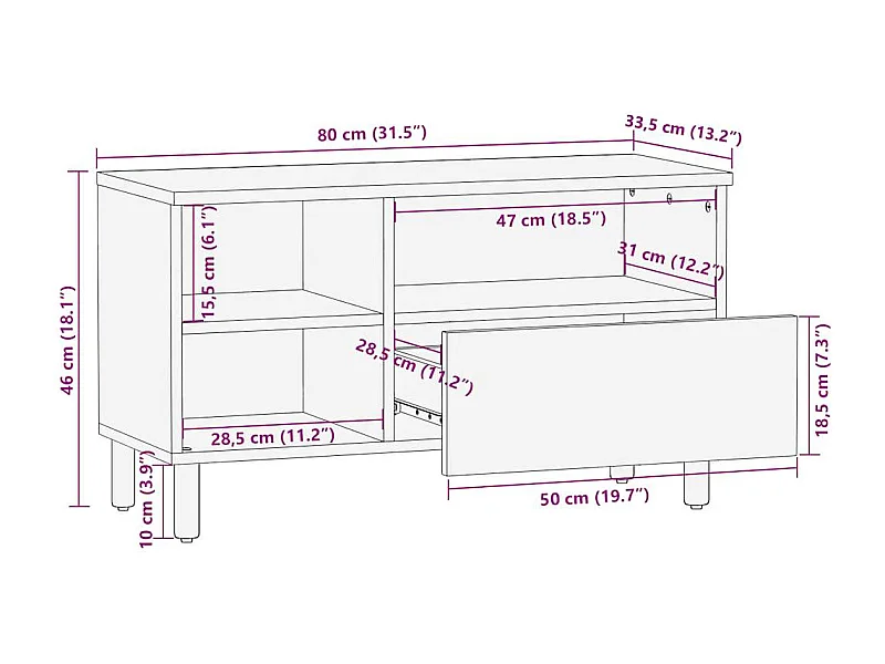 Meuble TV noir 80x33,5x46 cm bois massif manguier brut