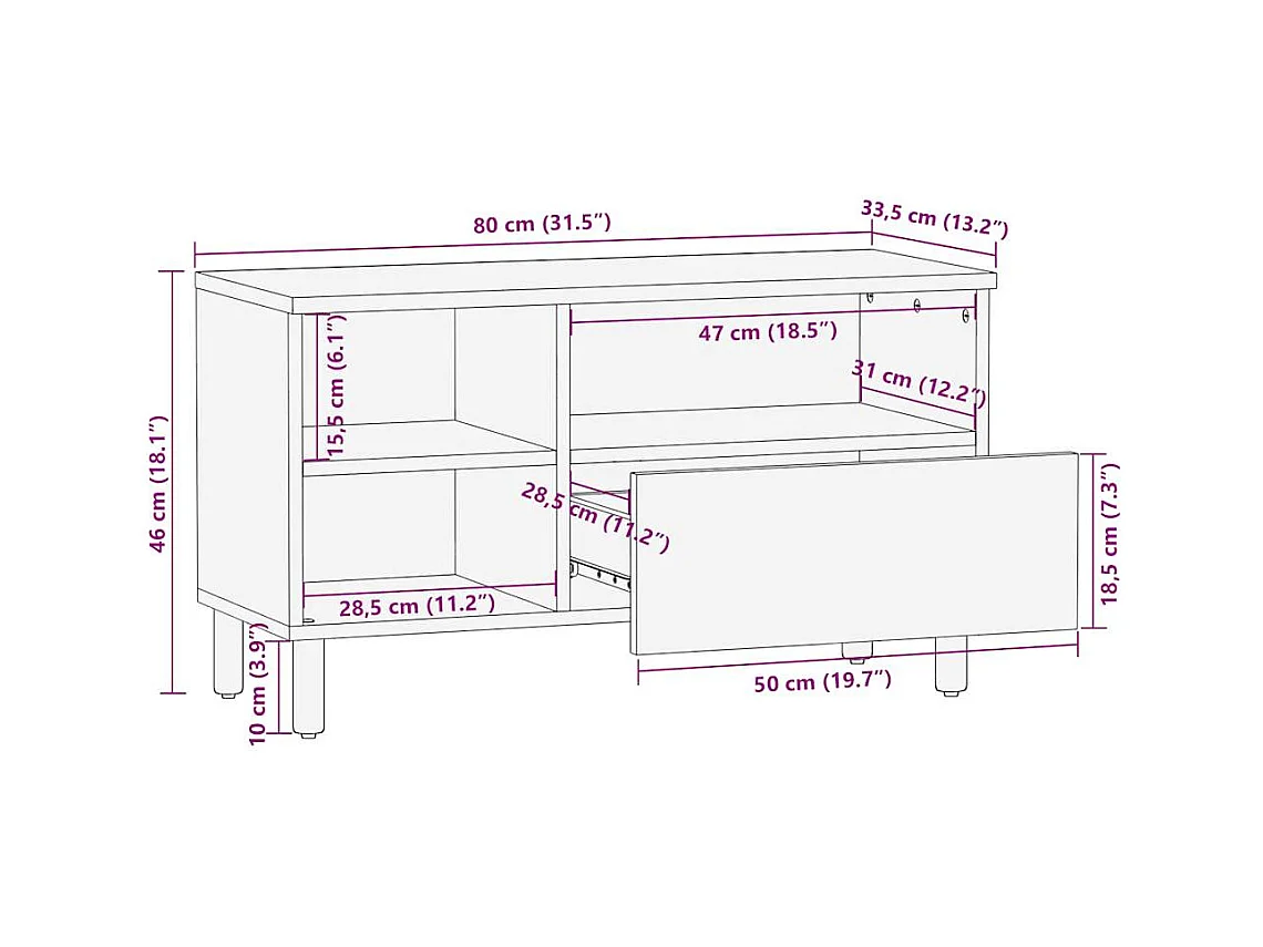 Meuble TV noir 80x33,5x46 cm bois massif manguier brut