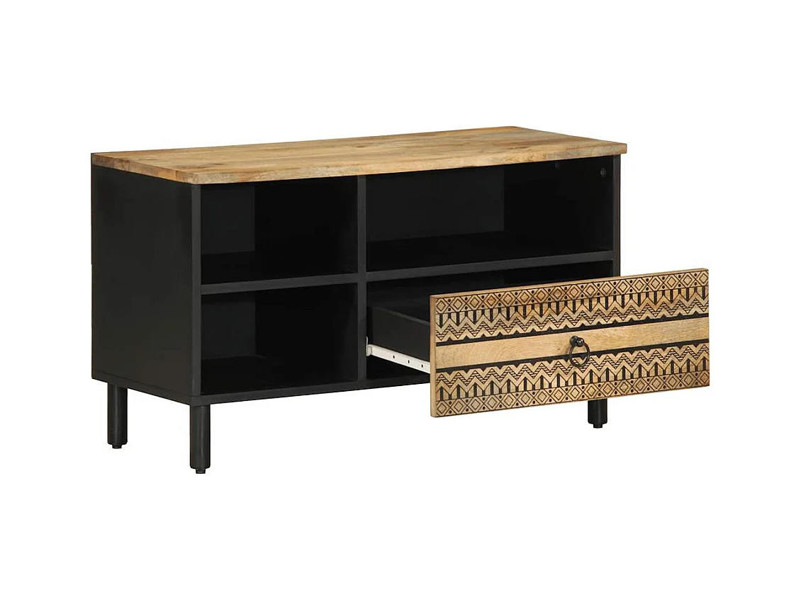 Mobile Porta TV Nero 80x33,5x46 cm Legno Massello Mango Grezzo