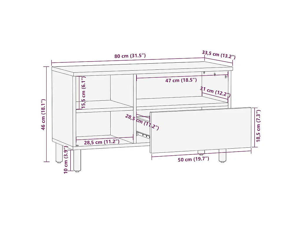 Mobile Porta TV Nero 80x33,5x46 cm Legno Massello Mango Grezzo