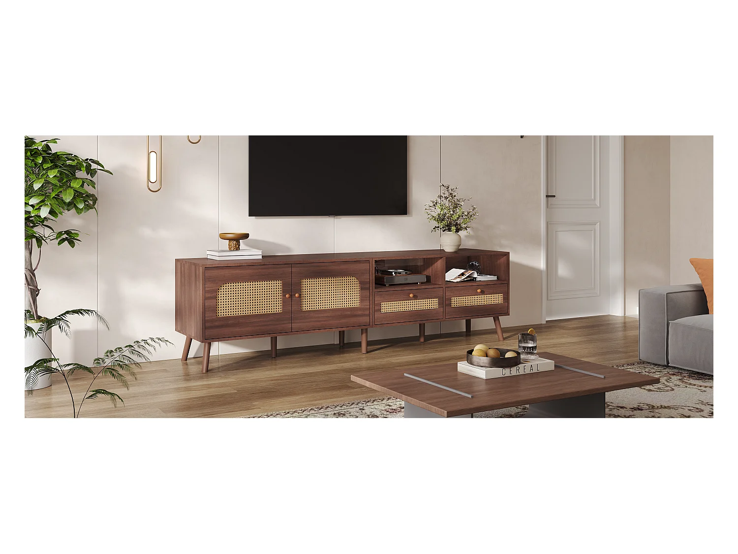 Meuble TV 200 cm Brun 2 Portes Rotin 2 Tiroirs 8 Pieds pour Téléviseur 80 Pouces Salon